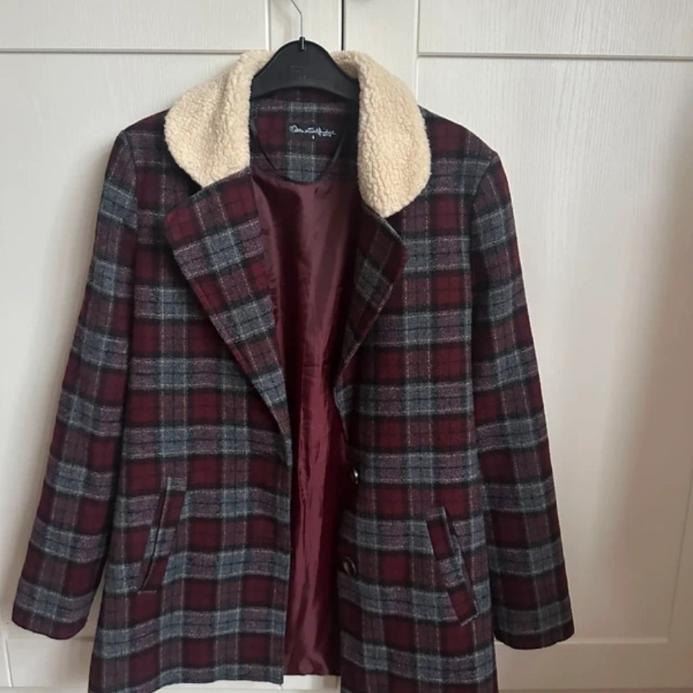 Miss Selfridge Burgundy Plaid Pea Coat with Cream Collar